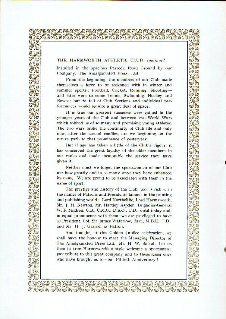 Harmsworth Athletics Golden Jubilee Programme 1952 Page 6
