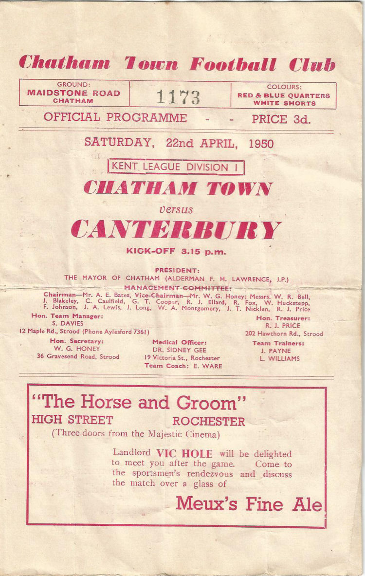 Chatham Town Fpptball Club programme 1950
