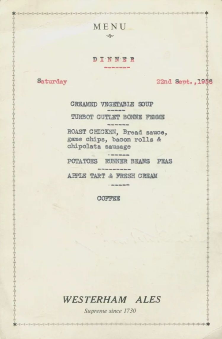 Kings Arms menu 1956