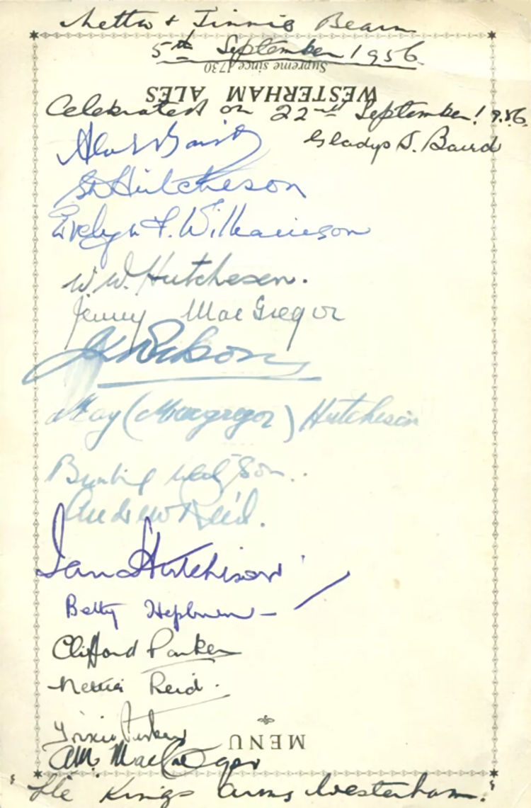 Kings Arms menu signatures 1956