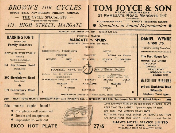 Margate football club programme 1955