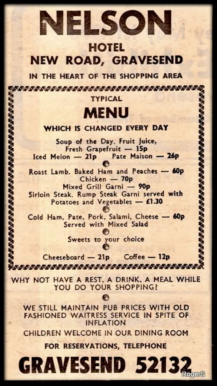 Nelson Hotel menu 1970s
