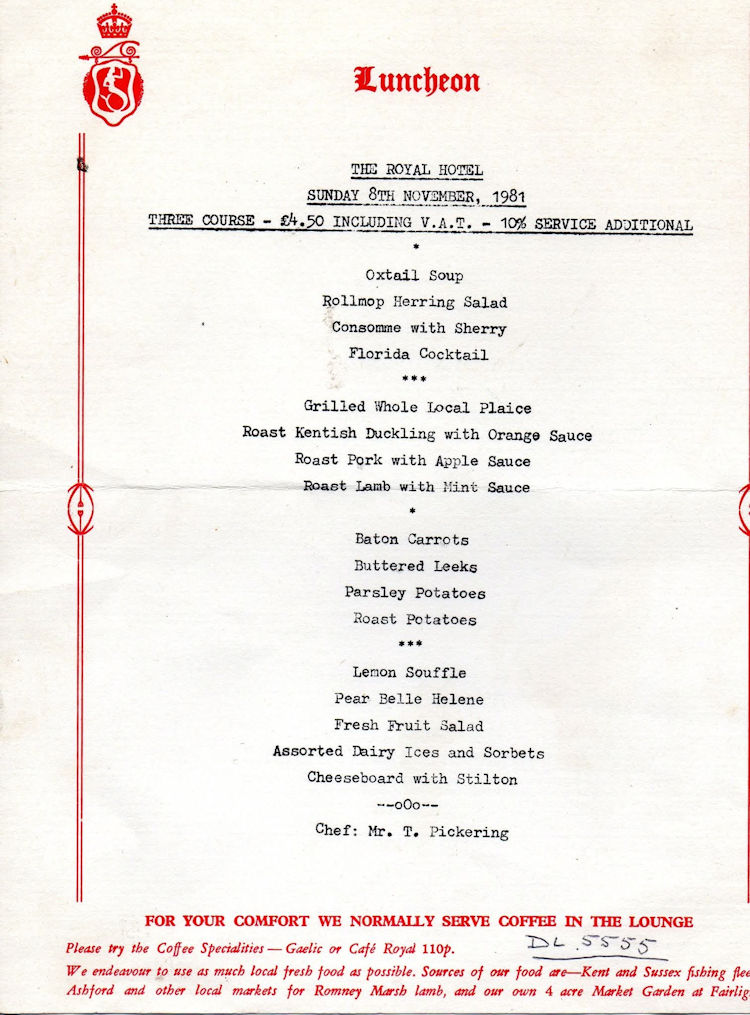 Royal Hotel menu 1981