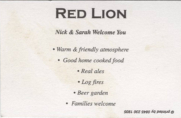 Red Lion at St. Margarets at Cliff business card 2008
